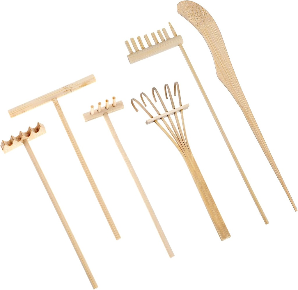 6Pcs Mini Zen Garden Rake Tools, Miniature Tabletop Rock Sand Zen Garden Accessories, Small Rake Set for Gardening Bamboo Mini Sand Stamp Rakes for Home Office Decor