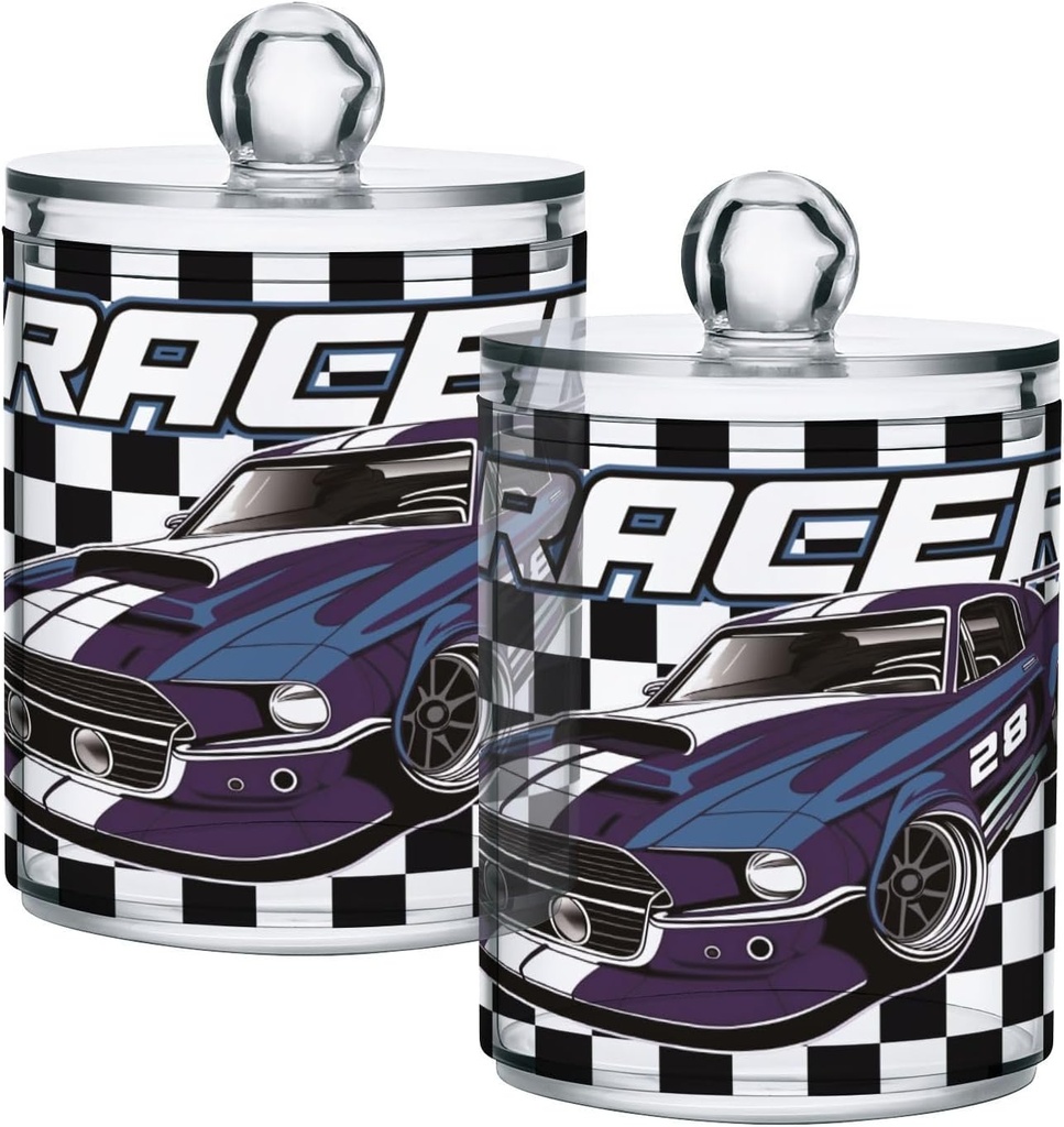 Acrylic Plastic Clear Jar with Lid, Blue Racer Car Black White Checkered Airtight Storage Jar 2 Pack Kitchen Storage Containers for Cookie Snack Candy