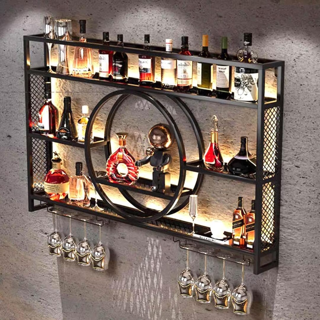 X3 47in Wine Rack with LED Lighting Wall Mounted Glass Holder, 3-Tiers Liquor Bottles Shelves Display Storage Organizer Hanging Long Stemware Goblet Metal for Home Mini Bar Cellar Black