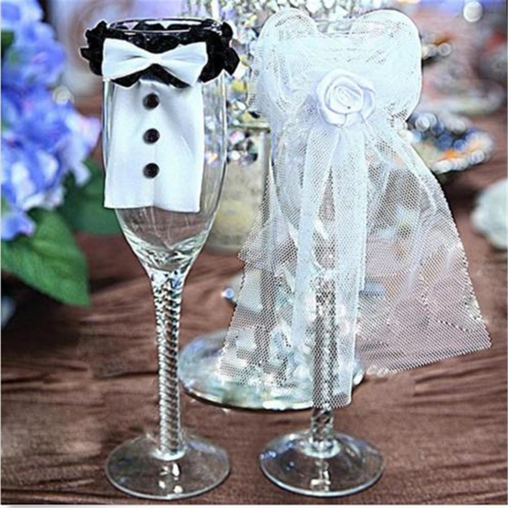 TraveT Bride and Groom Decorative Champagne Glass Cover Wedding Party Toasting Wine Glasses Dress Toasting Lace Cover