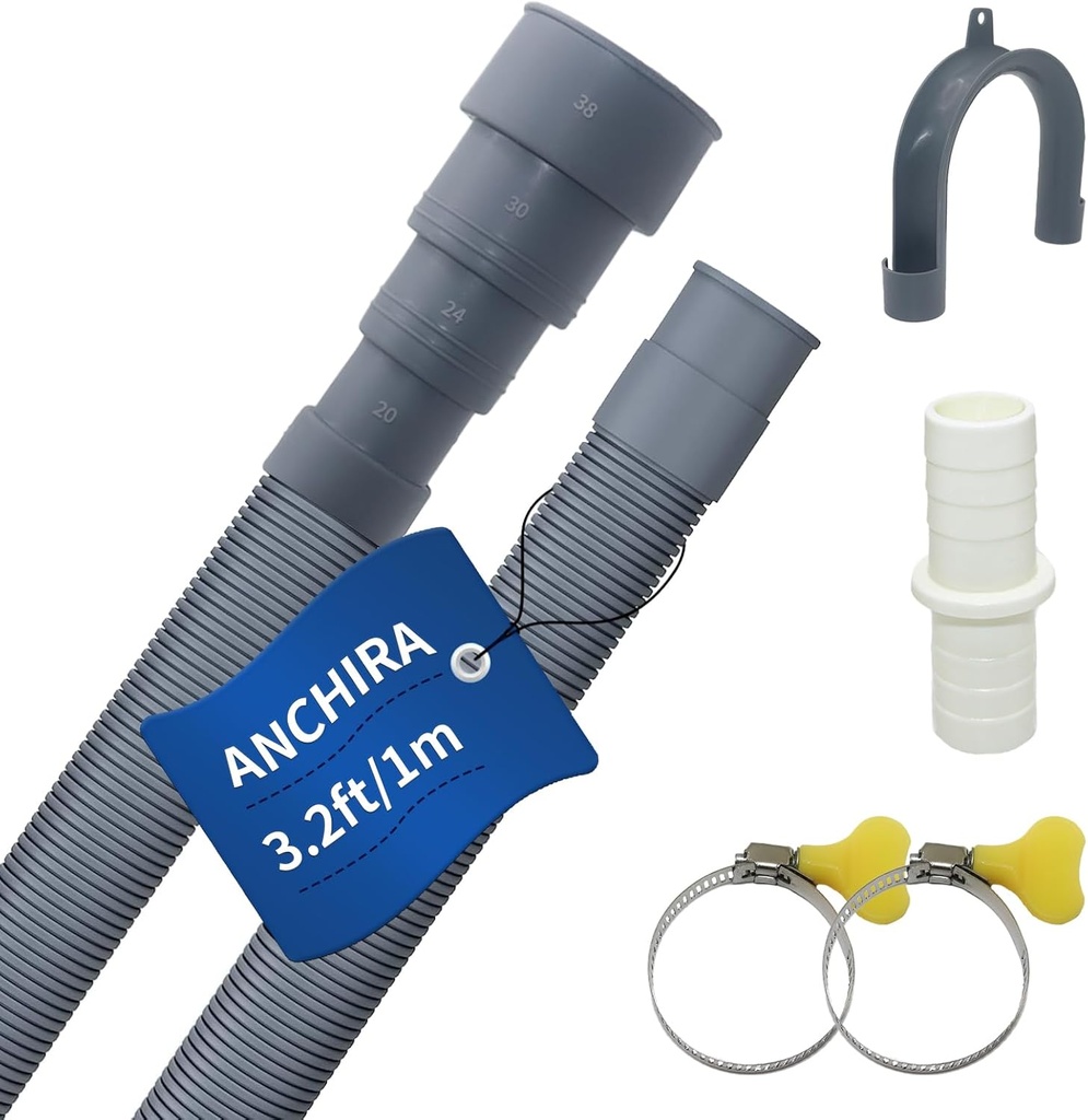 3.2 FT Washing Machine Drain Hose, Flexible Dishwasher Drain Hose Extension Kit, Universal Washer Drain Hose, Corrugated Washer Hose with 1 Adapter, 2 Hose Clamps, 1 U-Bend Hose Holder
