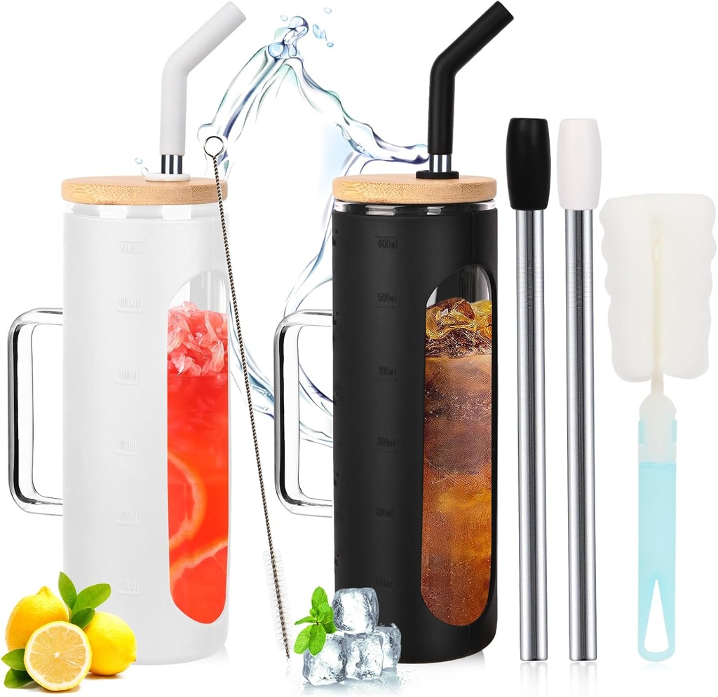 20oz Glass Water Tumbler with Straw and Lid, 2 Pack Coffee Tumbler with Handle, Boba Smoothie Cup, Glass Iced Coffee Cup with Bamboo Lid for Boba Tea, Juice (White & Black)
