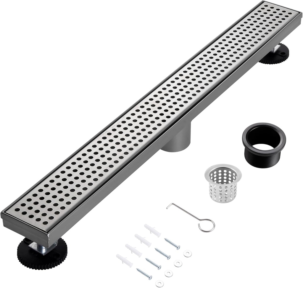 28 Inch Linear Shower Drain, Brushed Nickel Shower Drain, Removable Grate, 304 Stainless Steel, Easy to Install and Clean for Bathrooms (Drain Base Not Included), LSD-04A-28S