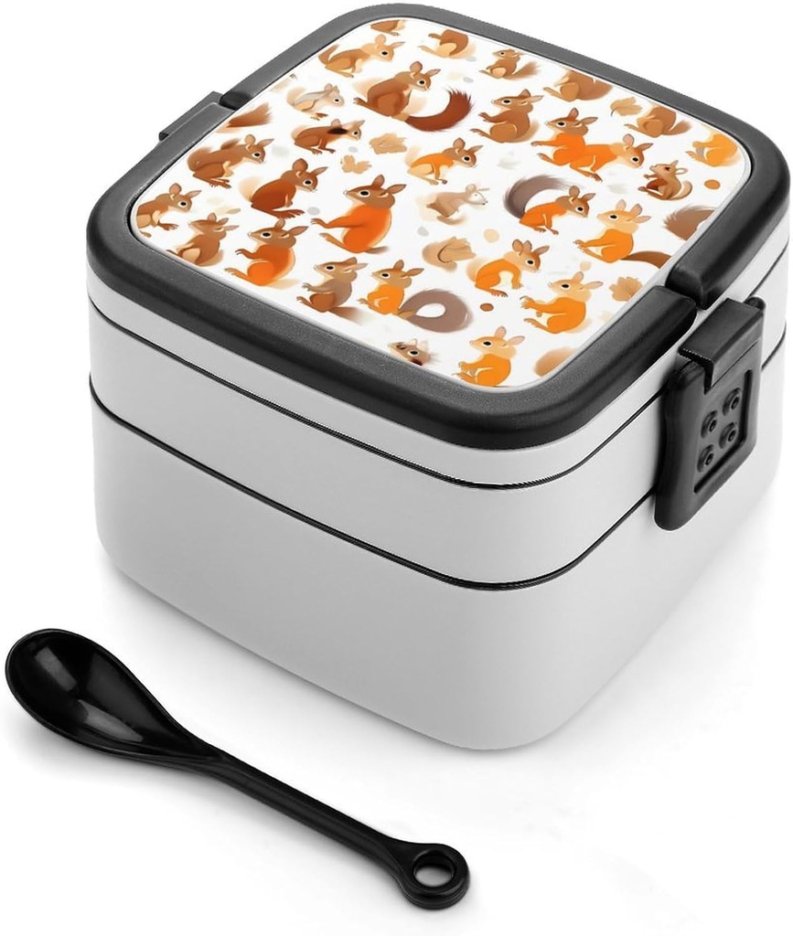 Cute Squirrels Bento Box Double-Layer Bento Lunch Container with Spoon And Invisible Handle Adult Leak-Proof Lunchbox for Dining Out Work Picnics Travel