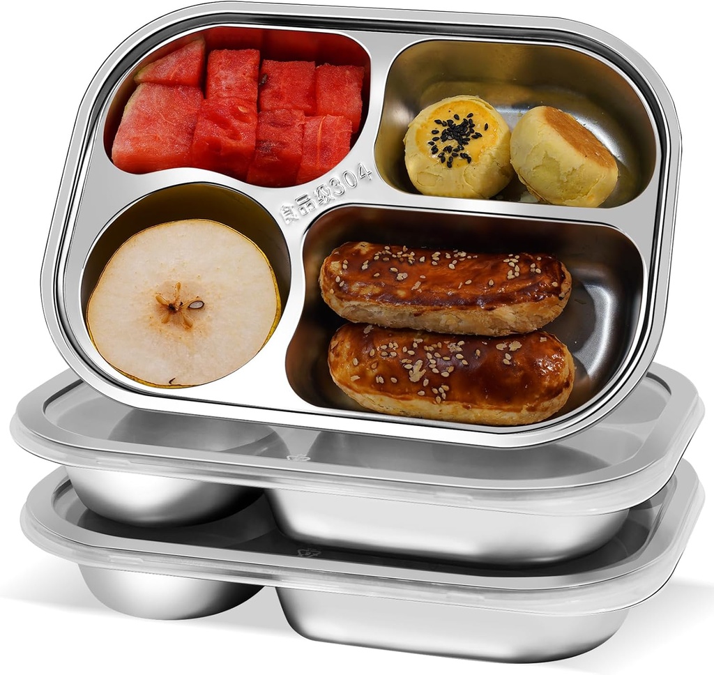 Oval Stainless Steel Snack Containers 3 PCS, Stainless Steel Bento Boxes Adult 4 Compartments,Metal Lunch Boxes with Lid, Divided Food Storage Containers for School Home Travel