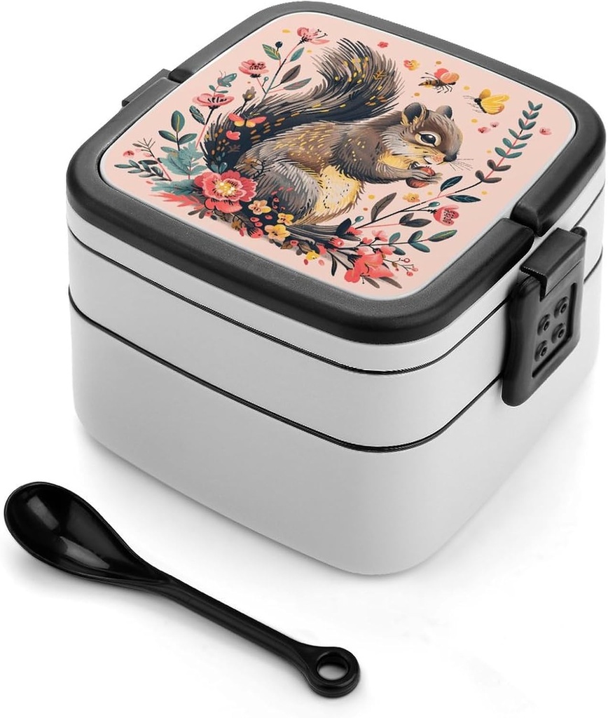 Bento Box Stackable 2 Layers Containers Adult Lunch Box Squirrel And Flowers Lunchbox for Women Men All-in-One Meal Prep Containers Leakproof Lunch Containers for Work