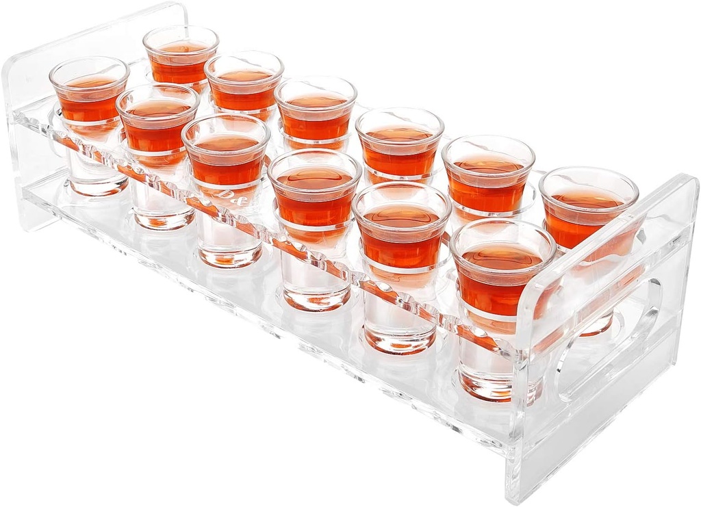 D&Z Shot Glass Holder, 12 Heavy Base Crystal Clear Shot Glasses for Whiskey Vodka Rum Cocktail Tequila, Acrylic Shot Glass Set Stand/Rack/Display/Serving Tray for Bar,Pub,Party [ 1 oz. Each Glass ]