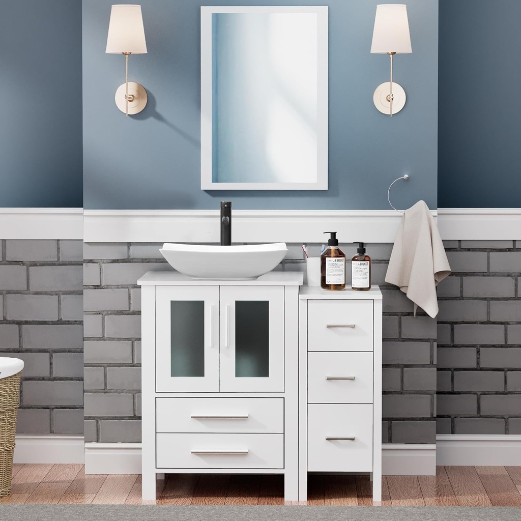 UEV 36" White Bathroom Vanity with Vessel Sink,Modern Bathroom Vanity Cabinet, Modern Artistic Ceramic Vessel Sink Combo,Removable Side 3 Drawers Cabinet,Mirror Not Included(032WH)