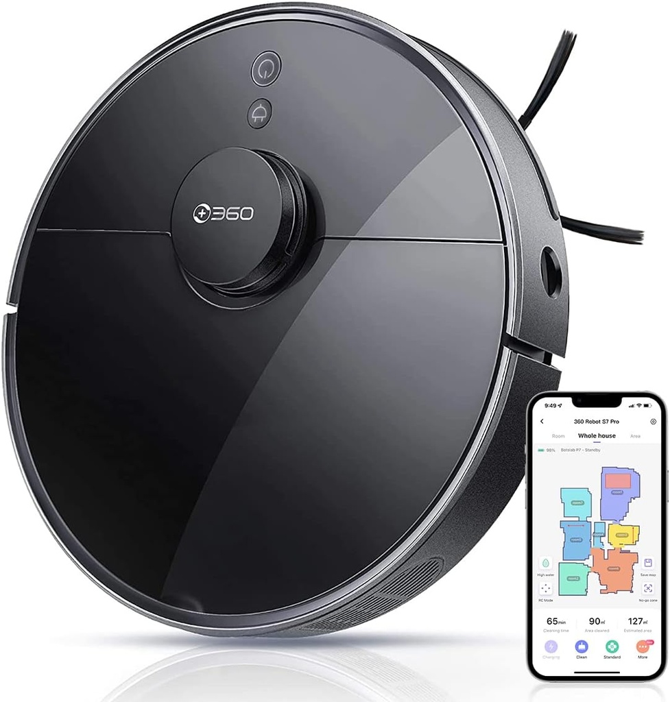 + 360 S7 Pro Robot Vacuum and Mop, LiDAR Mapping, 2650 Pa, No-Go Zones, Selective Room Cleaning, Self Charge and Resume, Compatible with Alexa and Google Assistant