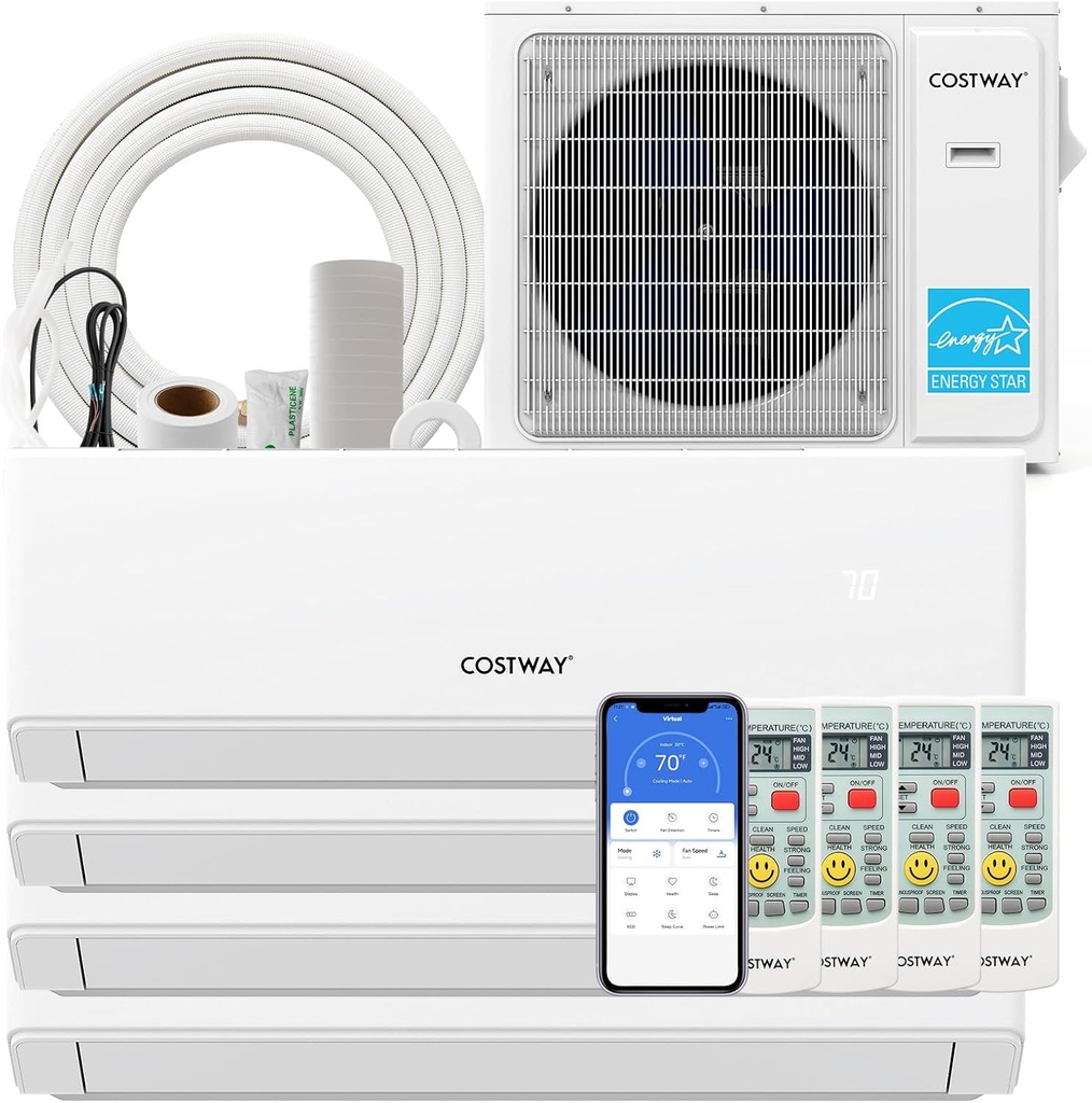 COSTWAY 30k Quad 4 Zone Mini Split Air Conditioner, 23 SEER2, 7k+7k+7k+18k BTU, 208-230V, Wifi Enabled Multi Zones Mini Split AC Heat Pump Full Set, Ductless Energy Star