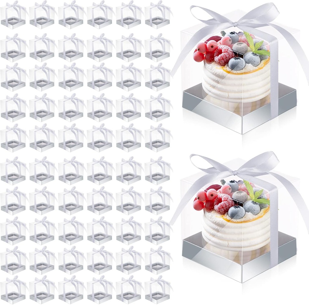 Eaasty 100 Pieces Individual Clear Cupcake Boxes 3.5 Inch Plastic Silver Cupcake Containers Single Cookie Carrier with Inserts and Ribbon Transparent Cupcake Holder for Wedding Birthday Party Favors