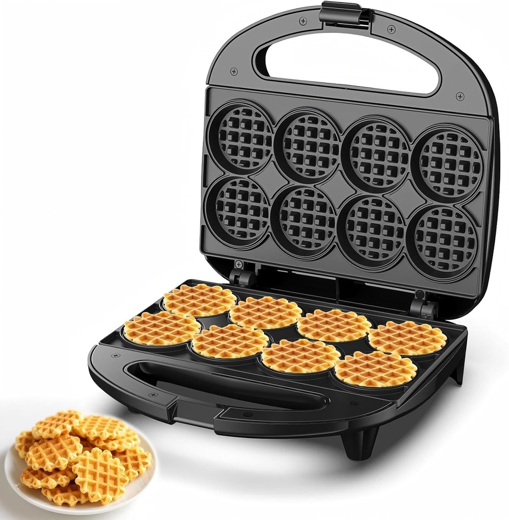 Mini Waffle Maker, Small Waffle Iron with Quick Heat-Up, Makes 8 x 2” Tiny Waffle Bites for Kids, Locking Buckle & Cool Touch Handle, Nonstick Plates, Perfect for Breakfast, Brunch, Desserts & Snacks
