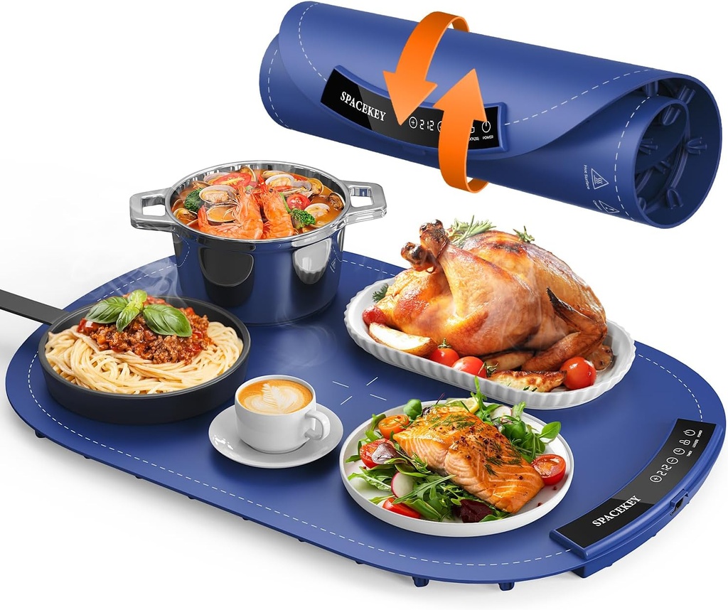 Warming Mat for Food - Roll Up Silicone Electric Warming Tray Full Surface Even Heating with 7 Temp Setting, 4 Hours Auto-Off, Raised Feet Protects Countertop, Food Warmers for Parties Buffet
