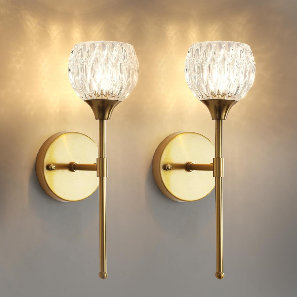 Gold Crystal Wall Sconce Set of Two, Modern Mid Century Vintage Wall Sconces with Clear Glass Shades, Bathroom Vanity Light Fixtures Industrial Brushed Brass Wall Lamp for Bedroom Mirror Living Room