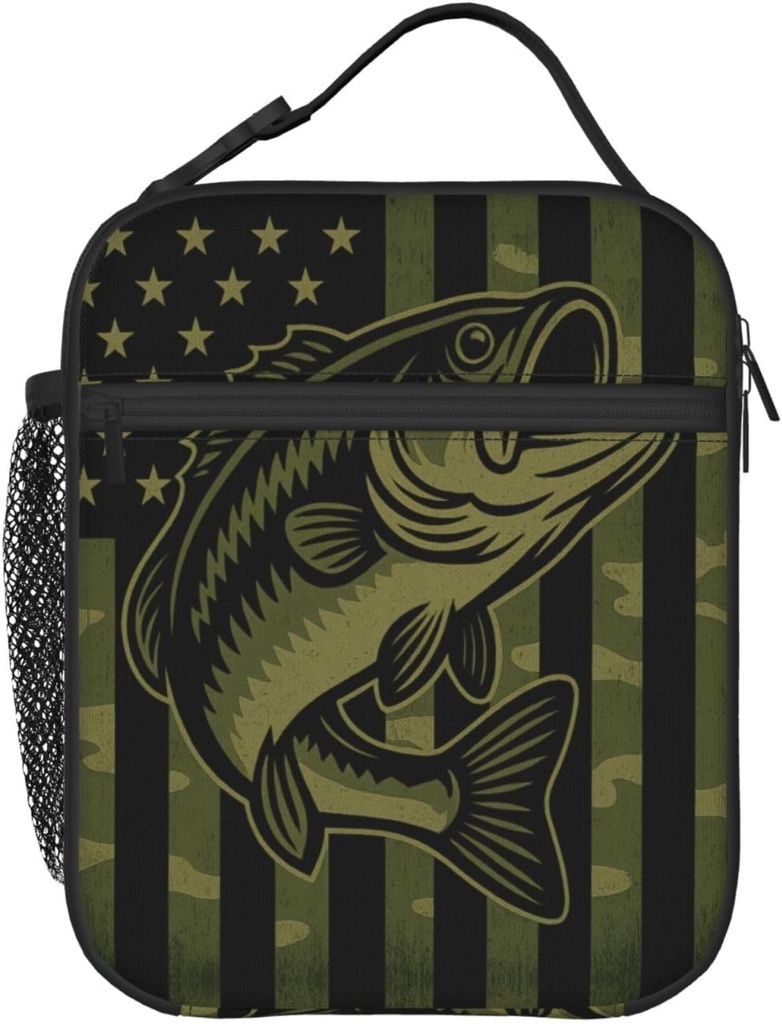 Camo Bass Fish American Flag Lunch Box - Insulated Lunch Bags for Boys/Girls/Women/Men Detachable Handle Lunchbox Meal Tote Bag