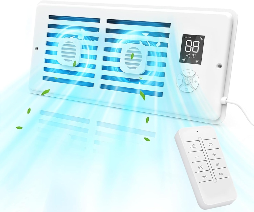 Register Booster Fan for 4" x 10" Vents Only, 10 Speeds to Control Cool & Warm Airflow, Air Conditioning Vents with LED Screen Remote & Thermostat Control, for Room Walls & Floors (White)