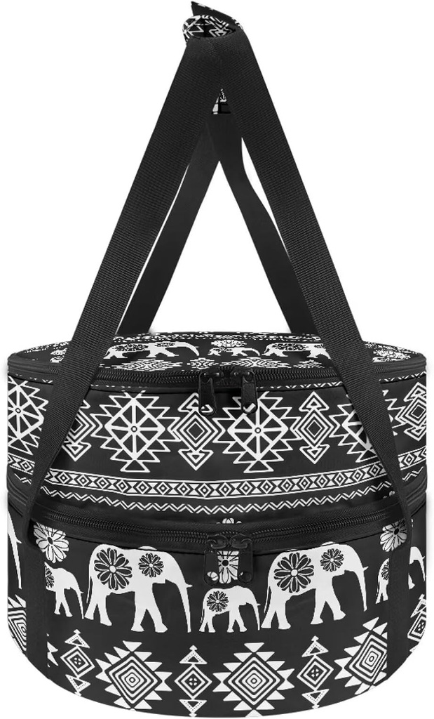 Black White Aztec Tribal Elephant Large Insulated Round Casserole Carriers Pie Carrier with Lid Cake and Cheesecake Carrier for Transport Thermal Bag for Potluck Party Picnics