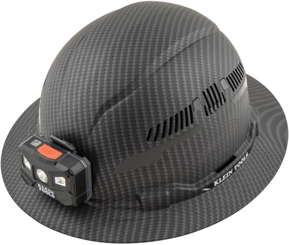 Hard Hat, Vented Full Brim, Class C, Premium KARBN Pattern, Rechargeable Lamp, Padded Sweat-Wicking Sweatband, Top Pad