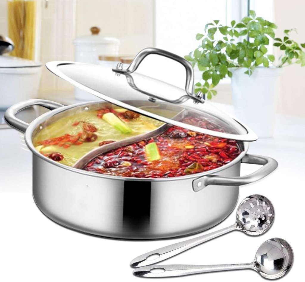 Double-flavor Shabu Shabu Hot pot with Divider & Soup Ladle, 304 Stainless Steel Shabu Shabu Pot, Safe Design Dual Sided Hot Pot for Induction Cooktop, Cookware Multi Cooker (11"(28cm))