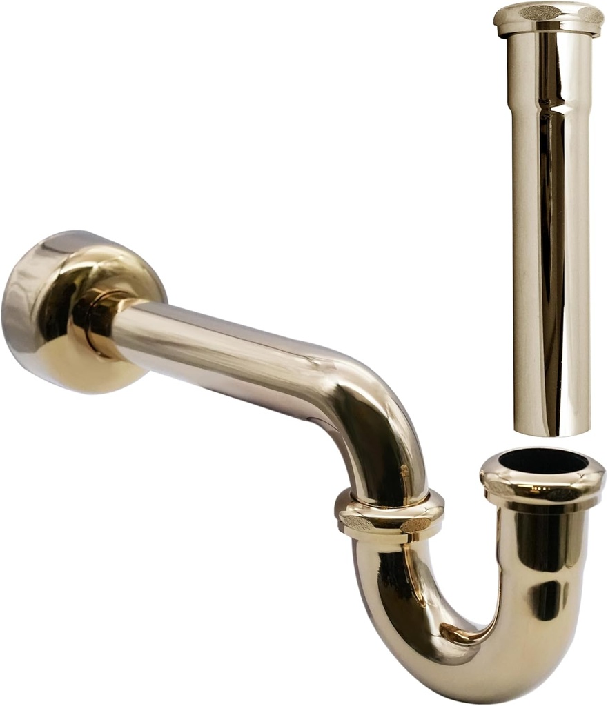 Westbrass CO401-8-01 1-1/4" Brass Bathroom Sink P-Trap with 8" Slip Joint Extension Tube, Polished Brass