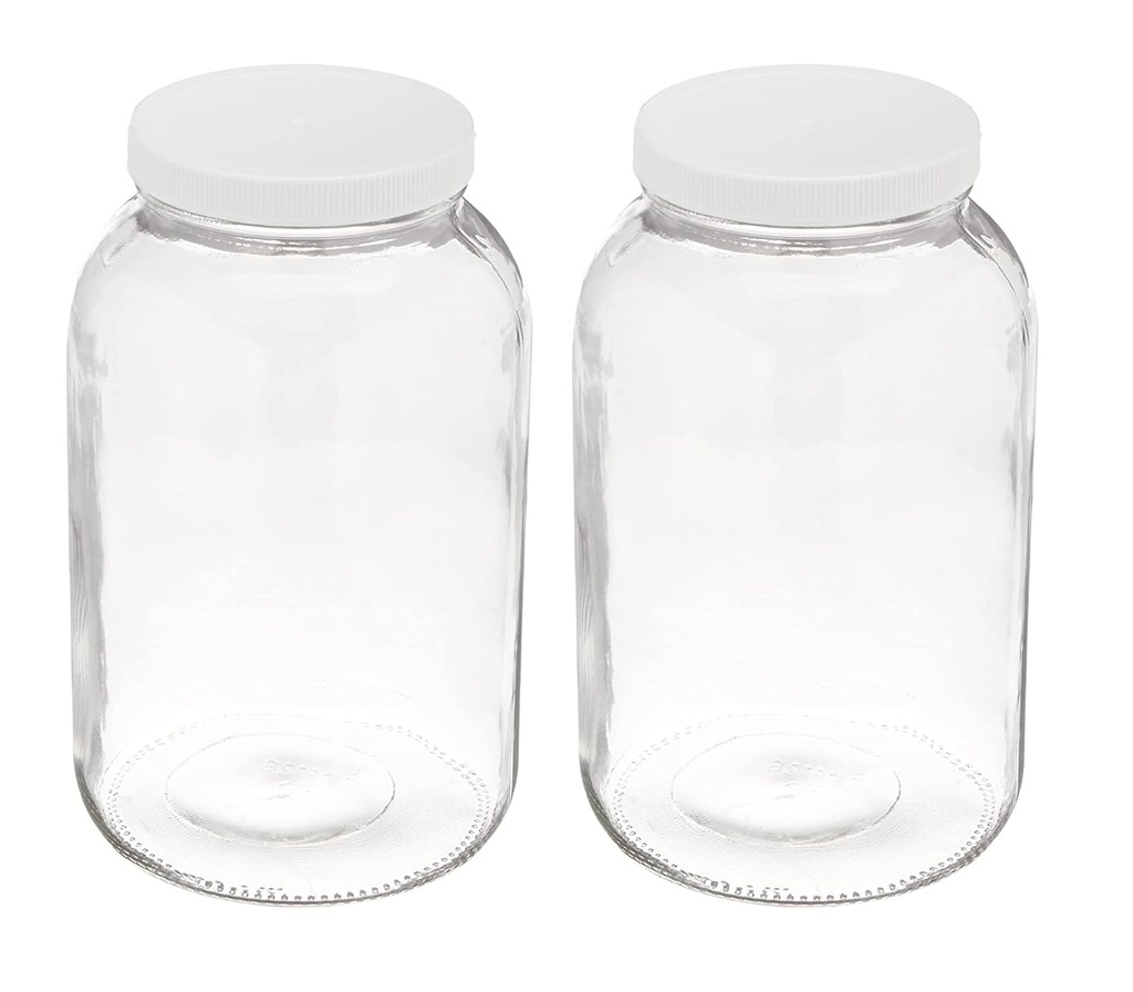 North Mountain Supply 1 Gallon Glass Jar Wide Mouth with White Plastic Lid - USDA, BPA-Free, Made in The USA - for Fermenting, Storing, Canning, and Much More! - Case of 2