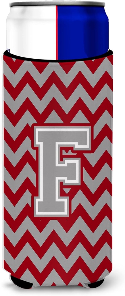 Letter F Chevron Crimson and Grey Ultra Beverage Insulators for slim cans