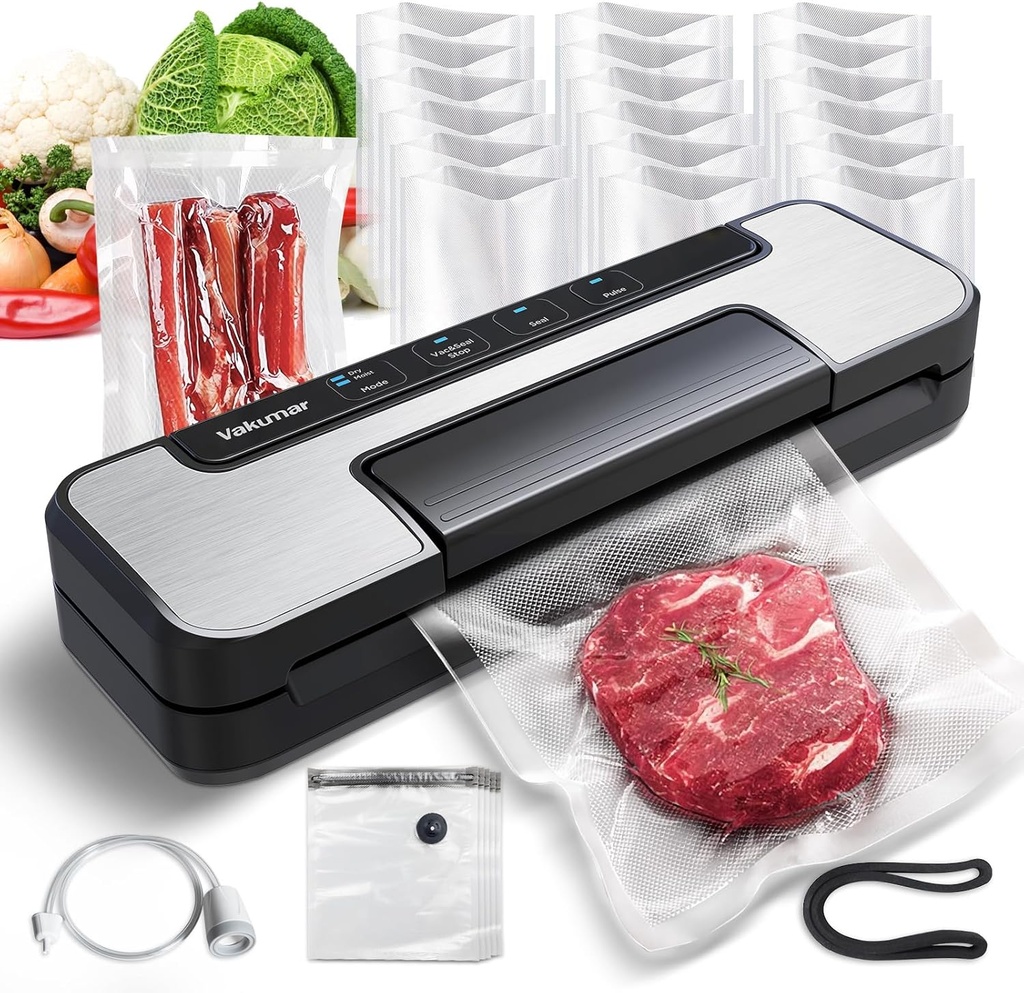 Vakumar Vacuum Sealer Machine, 80Kpa Food Vacuum Sealer Machine with Double Pump, Dry,/Moist, Pulse Mode, Handle Locked Design, LED Indicator Light & Cutter,12MM Widened Heating Strip