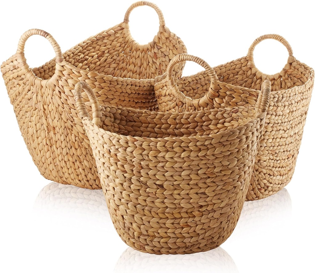 Casafield Set of 3 Multipurpose Boat Baskets with Handles - Natural, Woven Water Hyacinth Storage Organizers for Throw Blankets, Bedroom, Living Room, Laundry