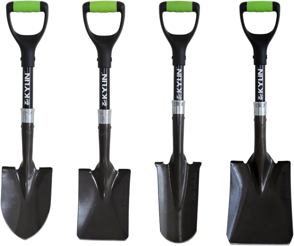 KYLIN Mini Shovel 4-Piece Set with Fiberglass Short Handle, for Gardening, Hiking, Backpacking, Fishing, Kids Mini Shovel, Camping Shovel, Off-Road Shovel, Beach Shovel, Multi-Purpose Garden Tools