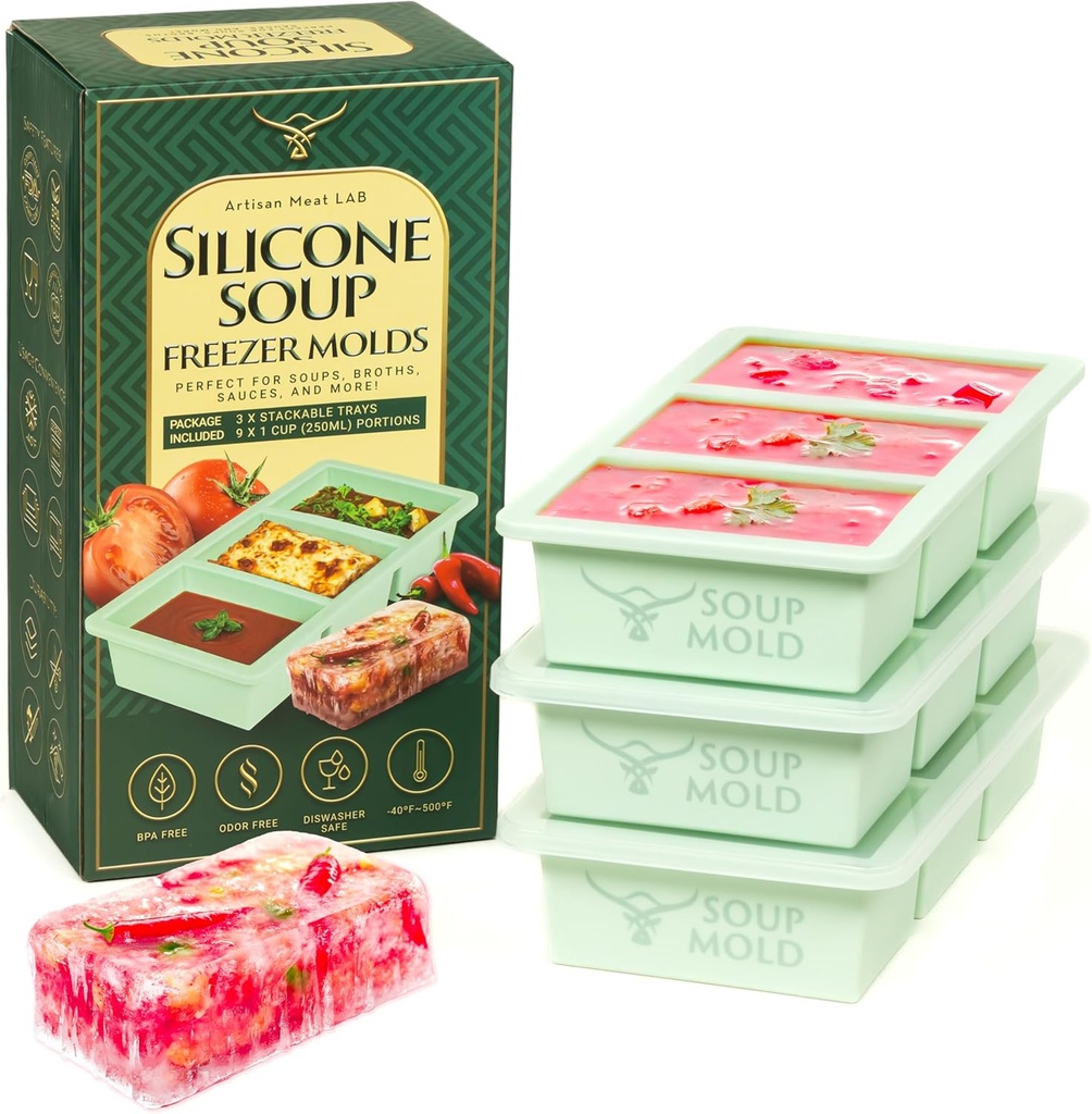 Silicone Soup Freezer Molds – 3 Stackable Trays with Lids, Makes 9 Super Soup Cubes (1-Cup/250ml Each), Dishwasher Friendly Containers, Perfect for Broth, Butter, Meal Prep, Sauces, and Leftovers