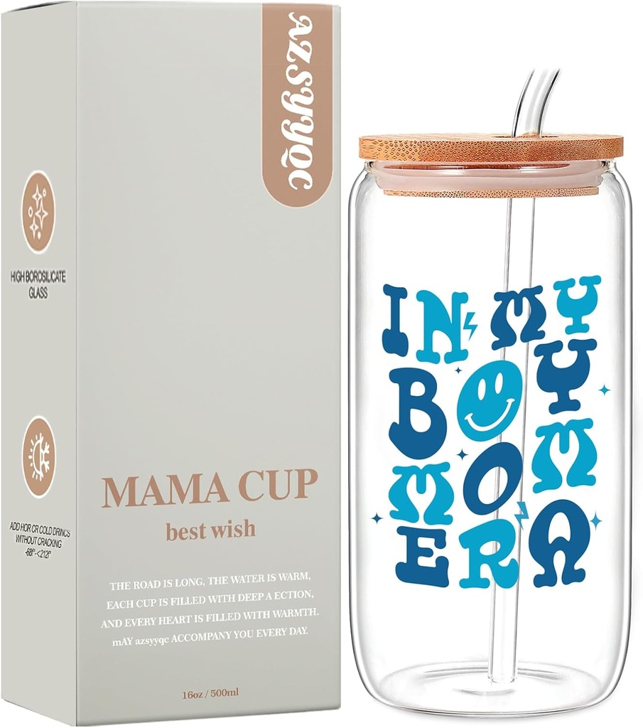 boy mom gifts, New Mother - Mama Glass Cup with Lids and Straws，Funny Mama Gifts from Daughter or Son, New Mom to be Personalized Anniversary Birthday Presents for Women 16oz (bule)