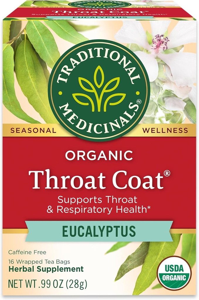 Traditional Medicinals Organic, Throat Coat Tea, Eucalyptus & Slippery Elm - Supports Respiratory and Throat Health - Kosher, Non-GMO, Caffeine-Free, Compostable - 16 Tea Bags
