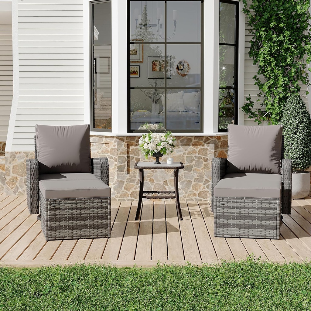 HOMREST 5 Piece Outdoor Patio Furniture Set-360 Wicker Swivel Chairs Set of 2 w/ 2 Ottoman, Coffee Table & Cushions Patio Bistro Set for Garden, Balcony (Grey)