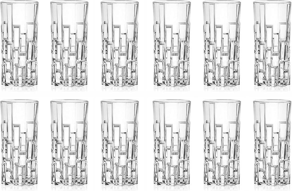 VILON Italian Premium Top Drink Pisa Water and Juice Glasses Set of 6, Drinking Stylish and Crystal Highball Glasses for Water, Juice and Cocktails | 300ML | Transparent (Set of 12)