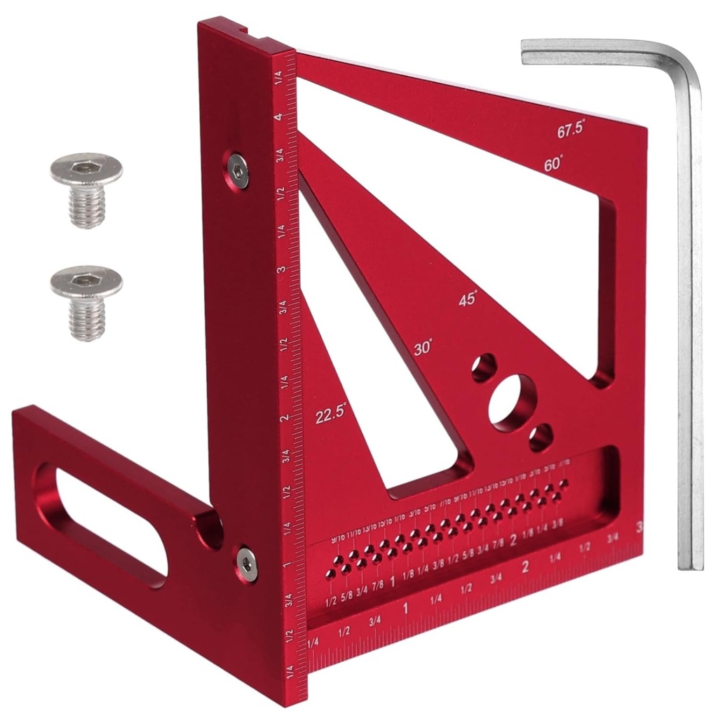 3D Multi-Angle Measuring Ruler for Woodworking - Aluminum Alloy Multi-Angle Square Ruler, Red Color, Imperial Measurements, Accurate Mini Carpenter Square, Includes Hex Wrench
