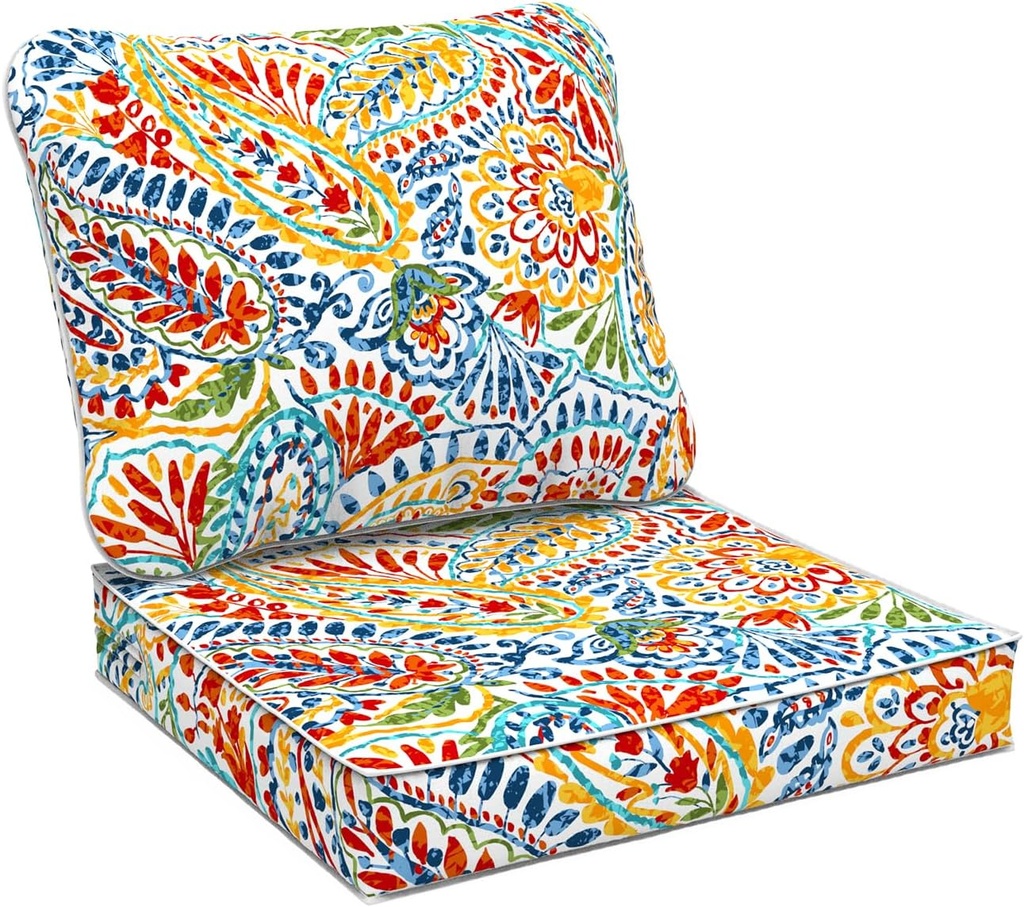 Outdoor Deep Seat Cushions Set 24 x 24 Inch for Patio Furniture,Water Resistant Chair Cushions Replacement Includes Seat Cushion & Back Pillow for Couch Sofa, Wicker Chair - Paisley Multi