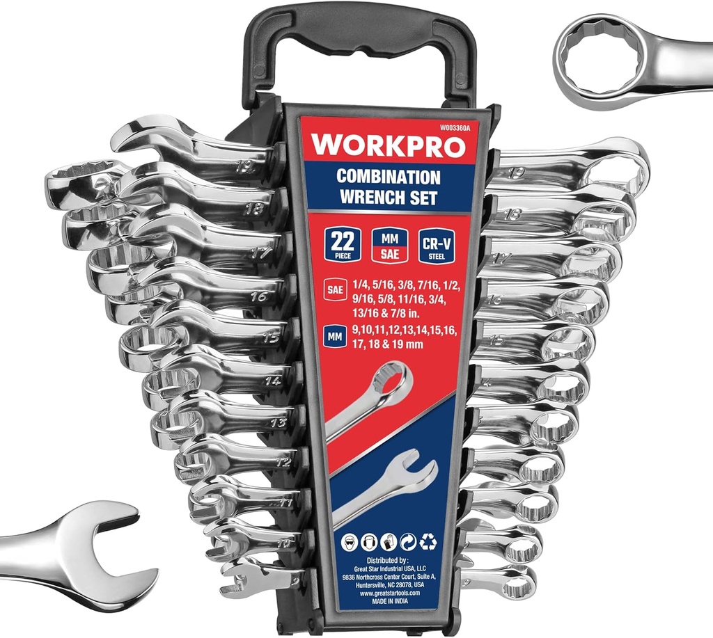 WORKPRO Mechanics Wrench Set Metric and Standard, 22PCS Complete Combination Wrenches Set. SAE 1/4" to 7/8", Metric 9mm to 19mm, Automotive Wrench Set with Rack Organizer