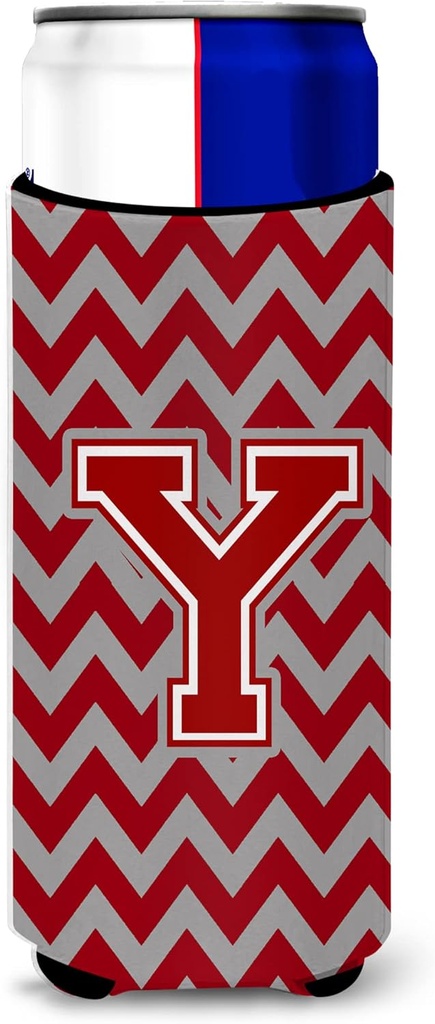 Letter Y Chevron Maroon and White Ultra Beverage Insulators for slim cans