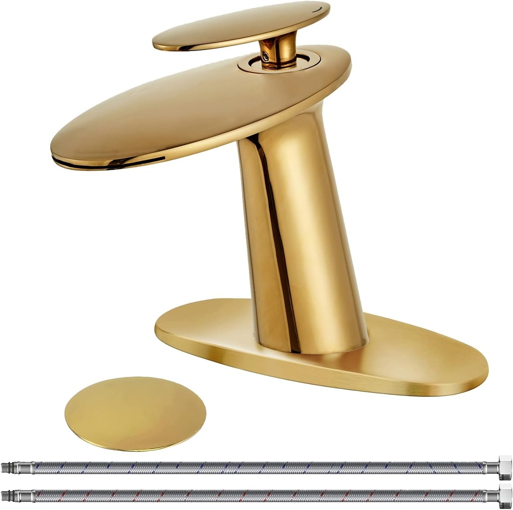 Wovier Shiny Polished Gold Waterfall Bathroom Sink Faucet,Single Handle Single Hole Brass Lavatory Vanity Faucet,Slanted Body Basin Mixer Tap with Supply Hose and Pop Up Drain Assembly