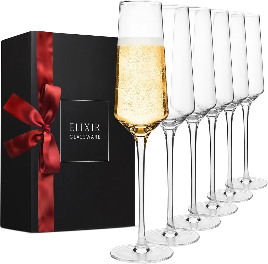 ELIXIR GLASSWARE Champagne Flutes - 6 oz - Set of 6 Classic Champagne Glasses - Elegant Crystal Wine Glasses Drinking Set - Wedding Champagne - Prosecco Wine Flute, Cocktail Glasses