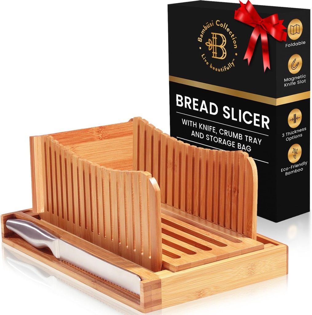Bread Slicer for Homemade Bread - Adjustable Bamboo Bread Cutter with Knife, Foldable Slicing Guide & Crumb Tray - Bread Loaf Slicer for Sourdough, Cakes, Bagels, Loaves - Kitchen Baking Tool & Gift