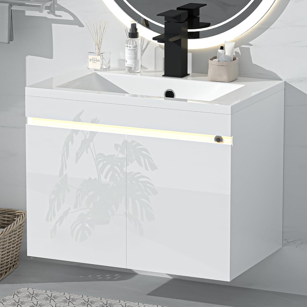AHB 24 inch Bathroom Vanity W/Sink Combo, High Gloss Bathroom Cabinet, Smart Wall Mounted Sink Cabinet Auto Motion Sensor LED Light, Modern Floating Vanity with Faucet