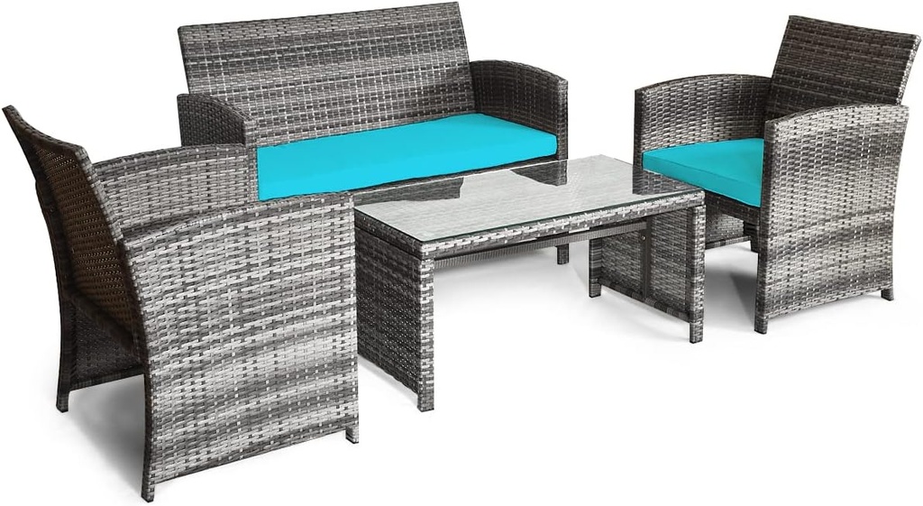 Giantex 4 Pc, Rattan Loveseat & Patio Chairs with Cushioned Seat, Wicker Coffee Table, Outdoor Furniture Front Porch Poolside Garden Lawn Conversation Sets, Mix Grey&Turquoise