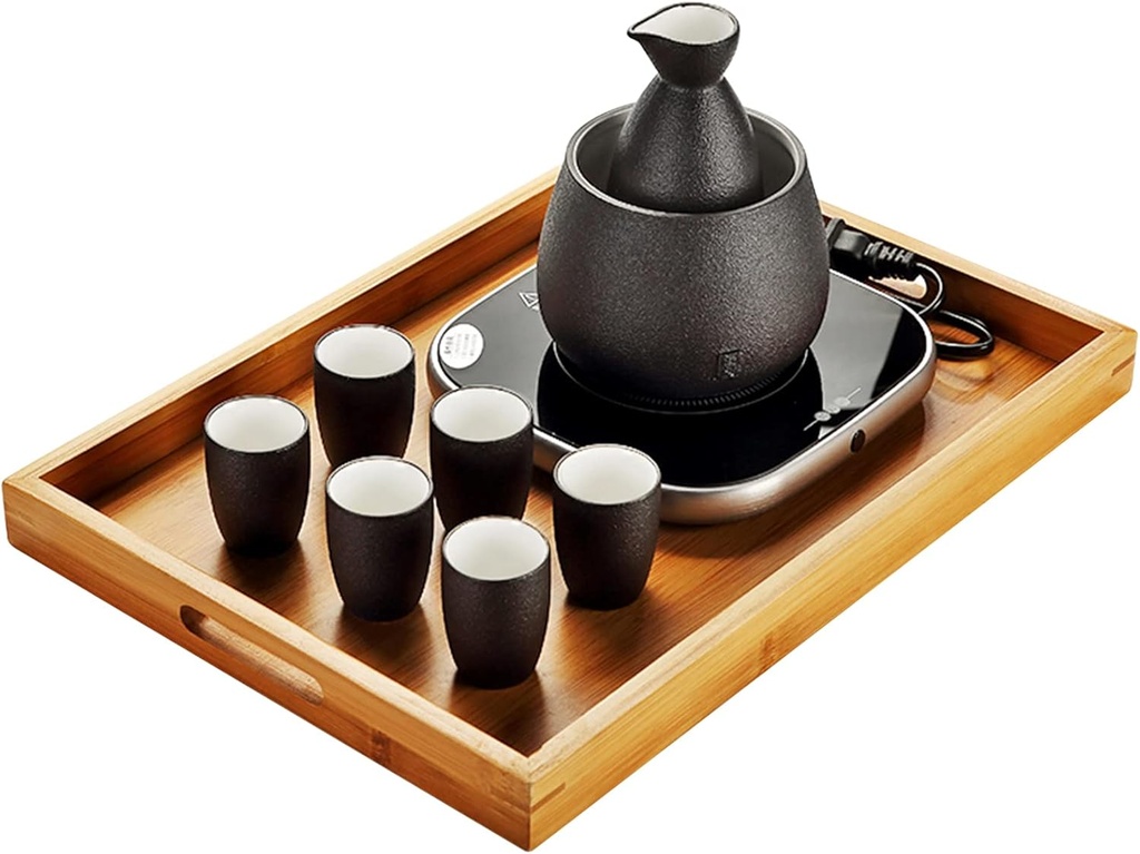 Sake Set, Saki Cups，Crafts CupCeramic Sake Set， Sake Set with Warmer Cup and Heating Base, Traditional Hot Sake Set 9-Piece Including 1Pc Warming Mug, 1Pc Sake Pot, 6Pcs Sake Cups and Electric Base,Wi