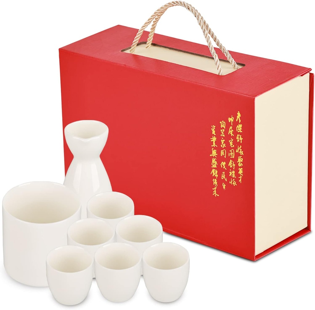 XINGYAN Traditional Japanese White Porcelain Sake 8Pcs Set with Warmer Pot Gift Box Package,Smooth Ceramic Surface Best for Home Gift (Pure White)