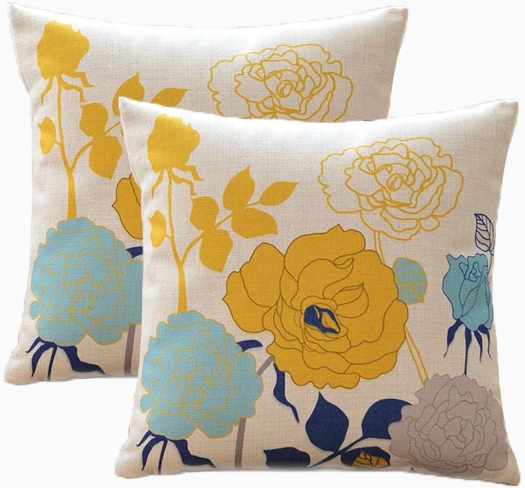 sykting Spring Summer Floral Pillow Covers 18x18 Pack of 2 Thick Cotton Linen Outdoor Pillow Covers for Patio Furniture Porch Blue and Yellow Throw Pillow Covers for Couch Sofa Bed Chair