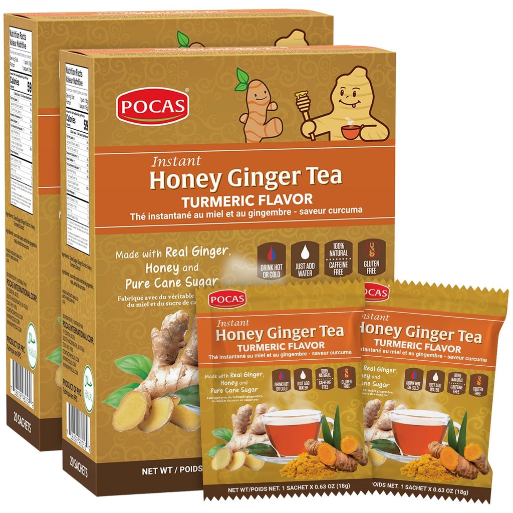 Pocas Honey Ginger Instant Tea Powder, Turmeric Flavor 2-Pack, Ginger Extract & Real Honey, Caffeine-Free Tea, 20 Packets per Box
