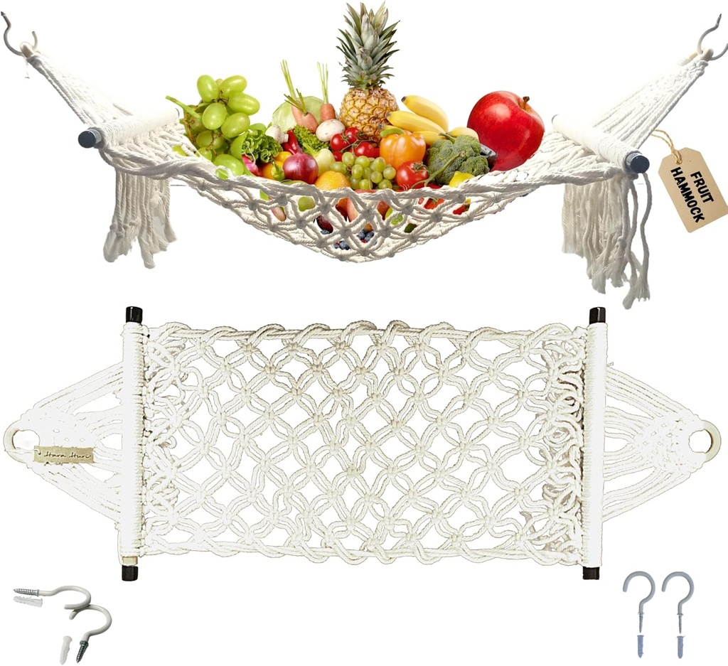 Fruit Hammock Under Cabinet with 2PCS Hook - Macrame Fruit Hammock Cotton with Wooden Rods, 20 Inches - Hanging Fruit Basket Under Cabinet - HaraHuri