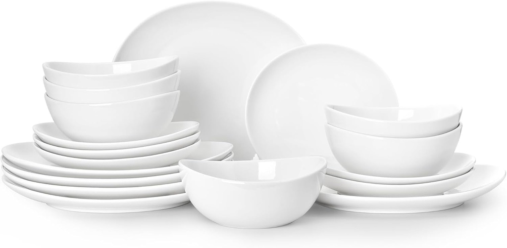 Sweese 18-Piece Dinnerware Sets for 6, Porcelain Plates and Bowls Set, Scratch Resistant Dishes, Microwave and Oven Safe Dishware, Snow White