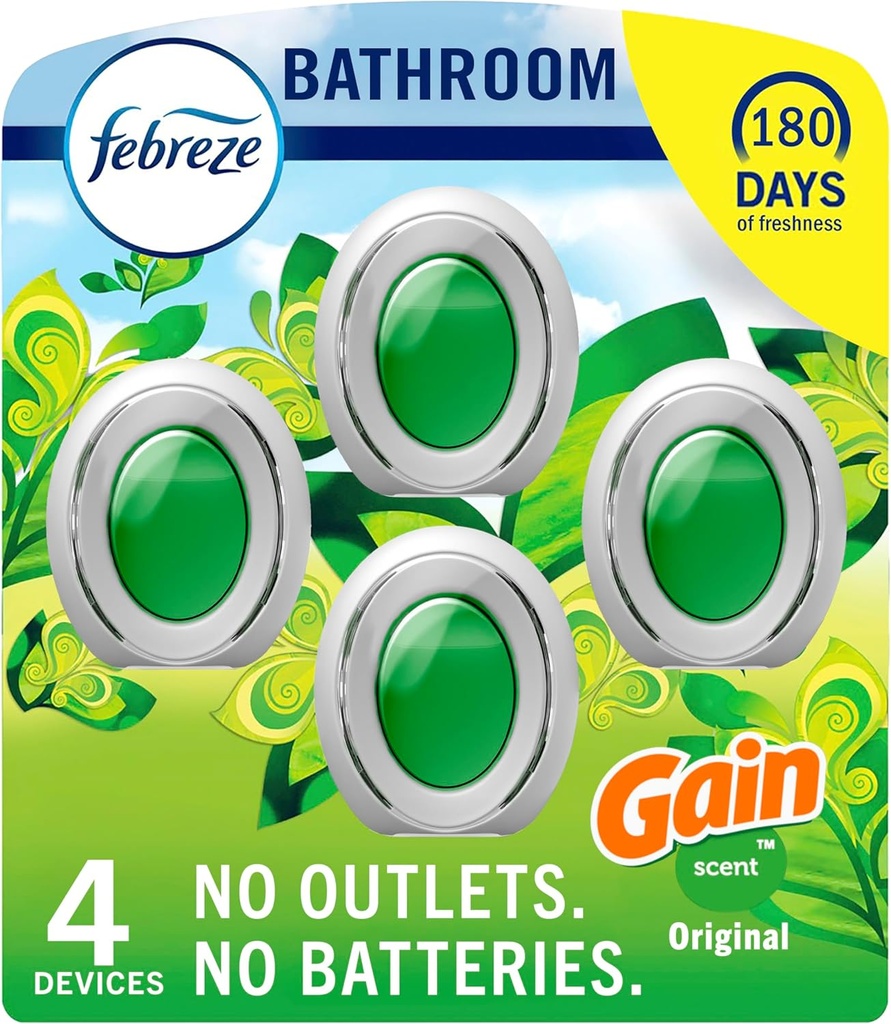 Febreze Bathroom Air Freshener, Odor-Fighting, Plug In Alternative, Air Fresheners for Home and Bathroom and Kitchen, Closet Air Fresheners, Gain Original Scent, 4 Count